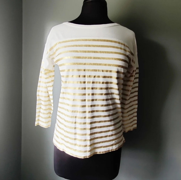 J. Crew Gold Striped 3/4 Sleeve Top - Picture 1 of 4